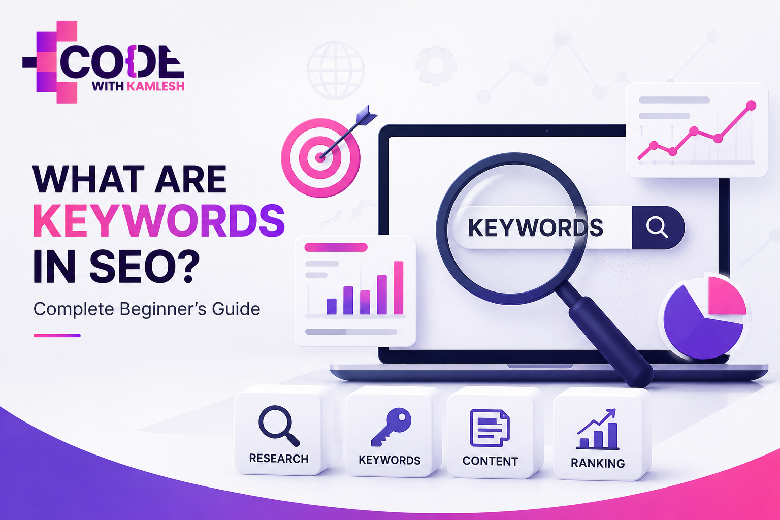 What Are Keywords in SEO complete beginner's guide by Code With Kamlesh featuring keyword research, content optimization and search ranking
