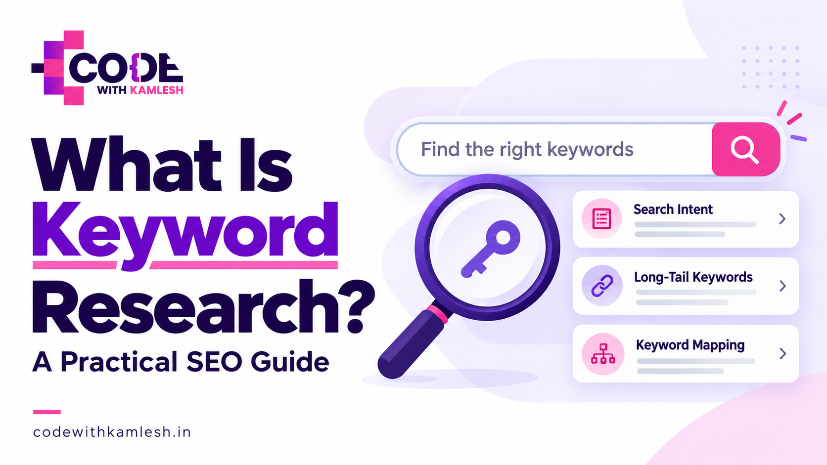 Keyword research guide showing search intent, long-tail keywords, and keyword mapping with the Code With Kamlesh logo.