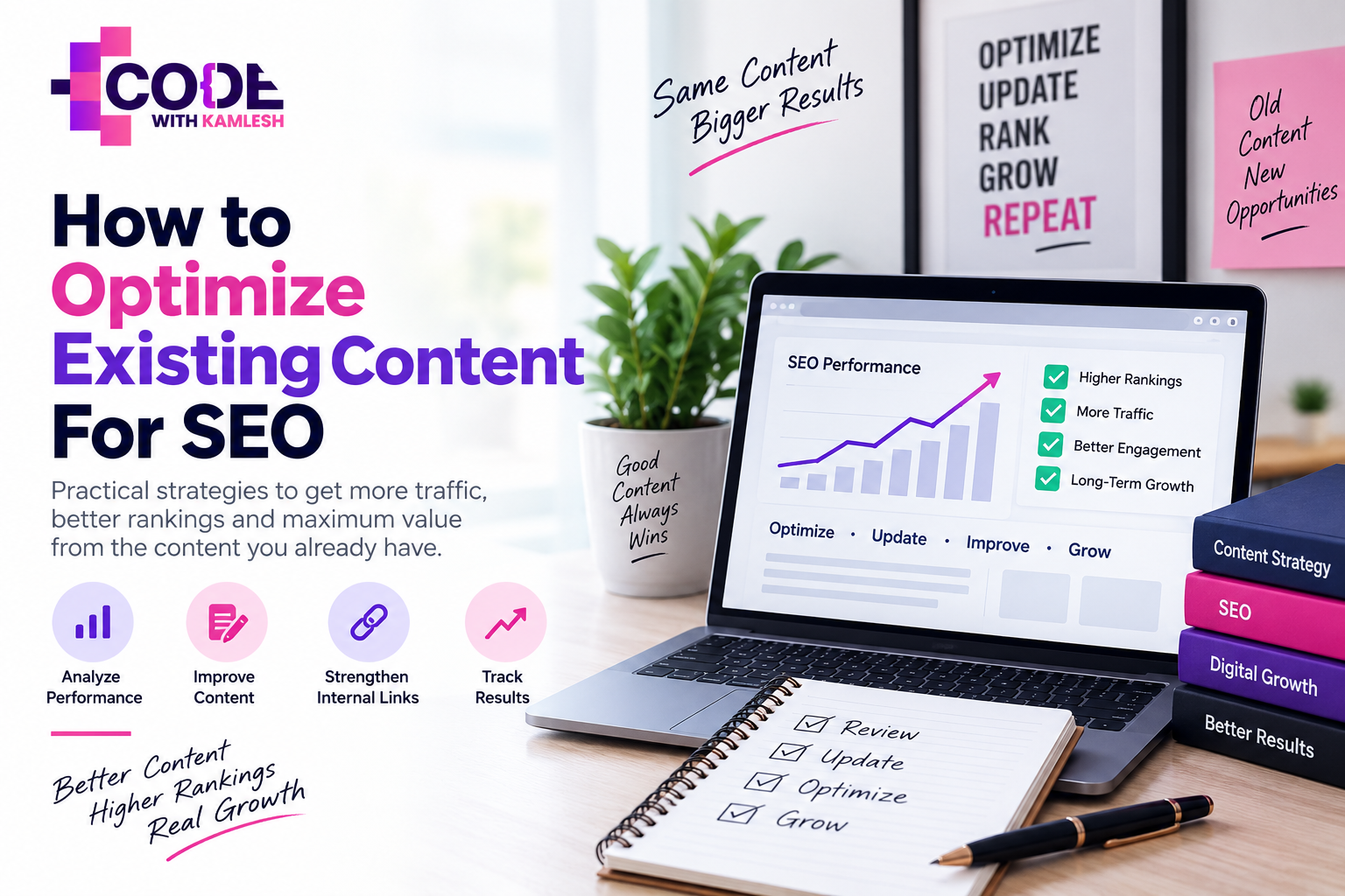 How to Optimize Existing Content for SEO – content optimization, higher rankings and organic traffic growth guide by Code With Kamlesh