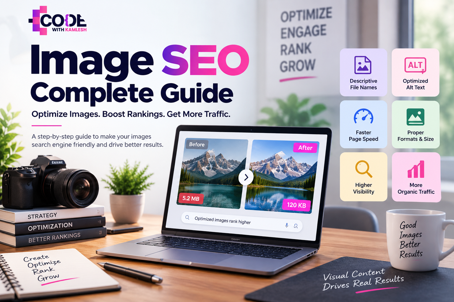 “Image SEO Complete Guide showing image optimization, alt text, file names, page speed, proper image formats, and organic search visibility.”