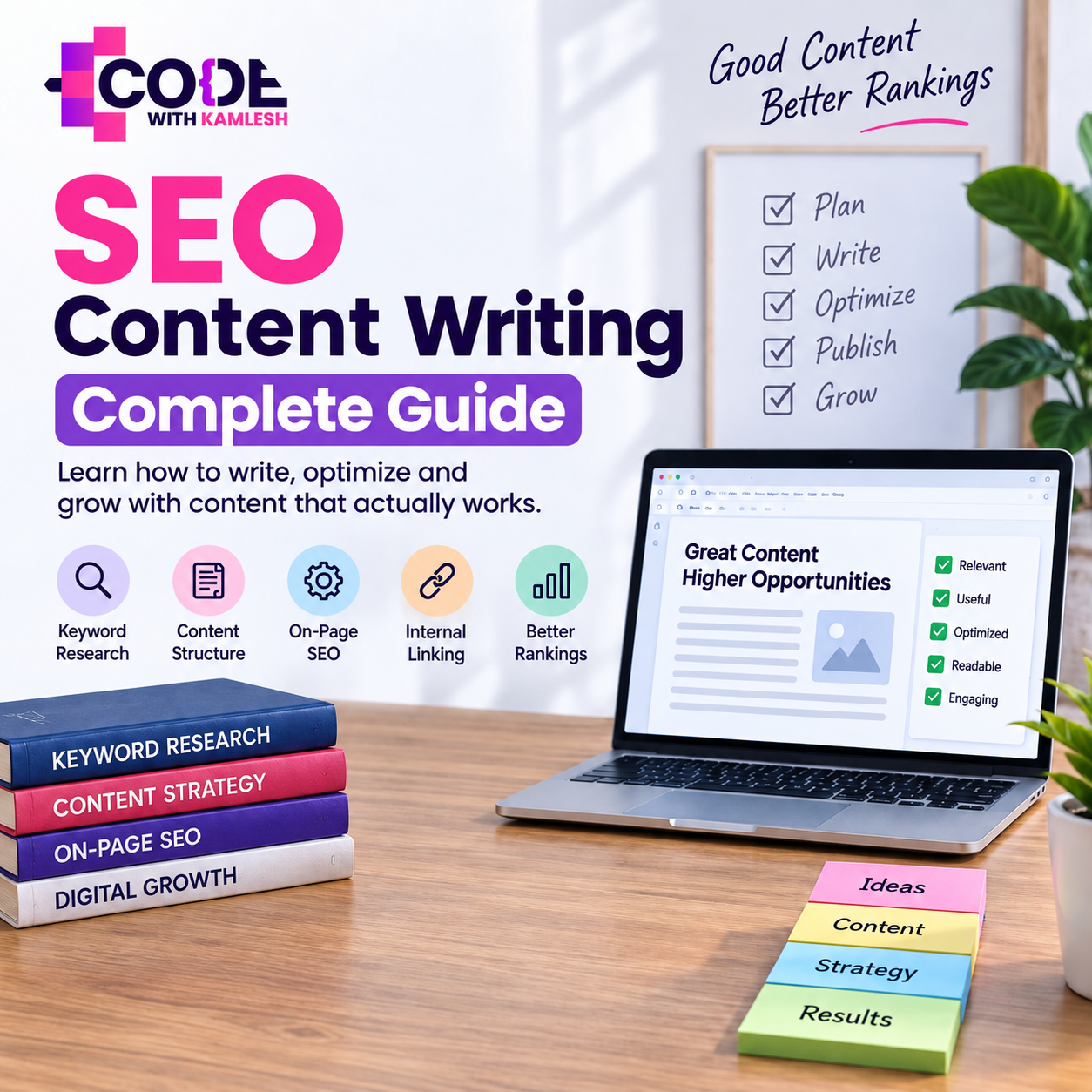 SEO Content Writing Complete Guide with keyword research, on-page SEO, internal linking, content strategy, optimization, and ranking workflow by Code With Kamlesh