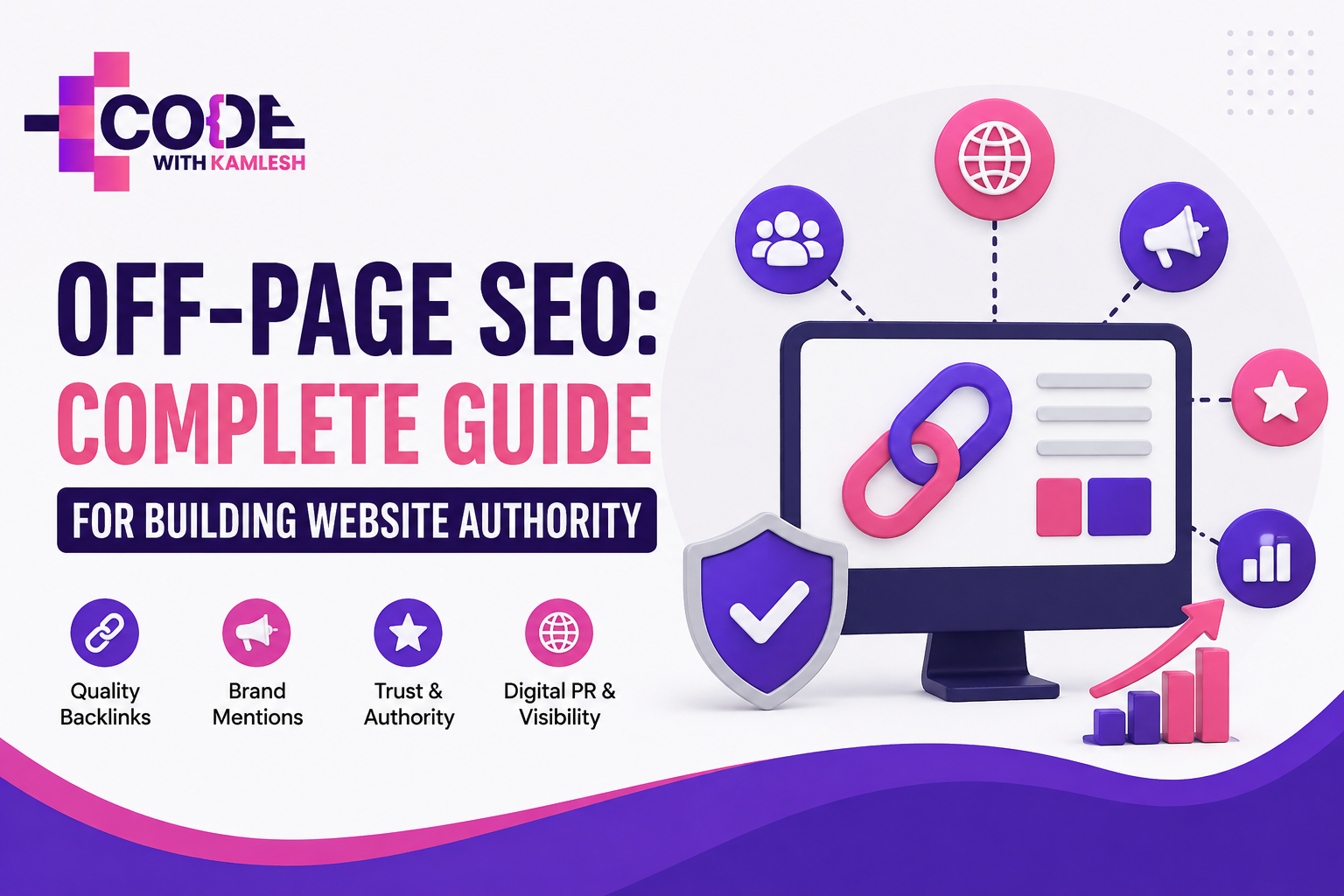 Off-Page SEO complete guide for building website authority with quality backlinks, brand mentions, digital PR and Code With Kamlesh branding