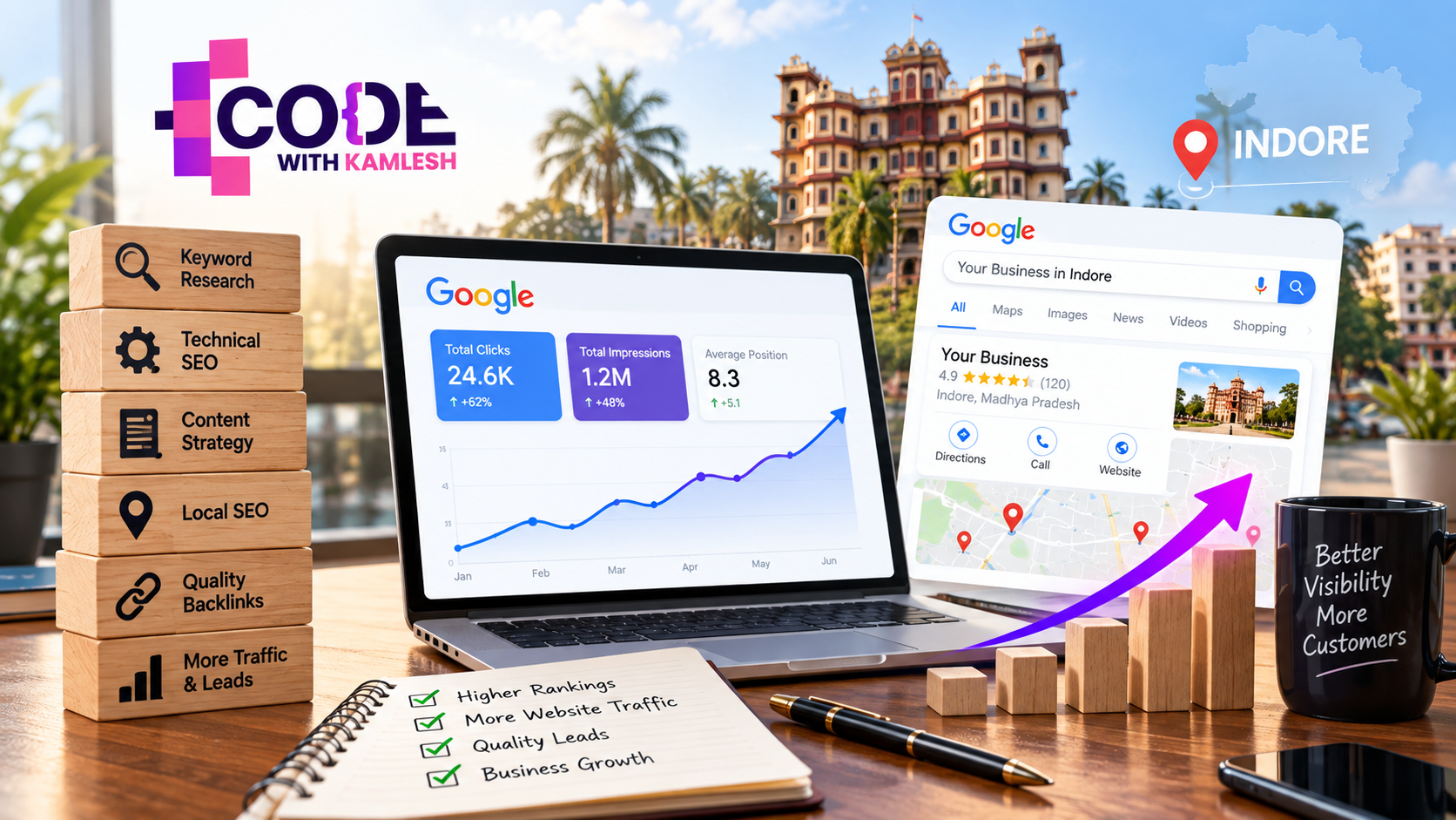Best SEO Consultant in Indore – SEO strategy for higher Google rankings, local visibility, organic traffic and quality leads by Code With Kamlesh.
