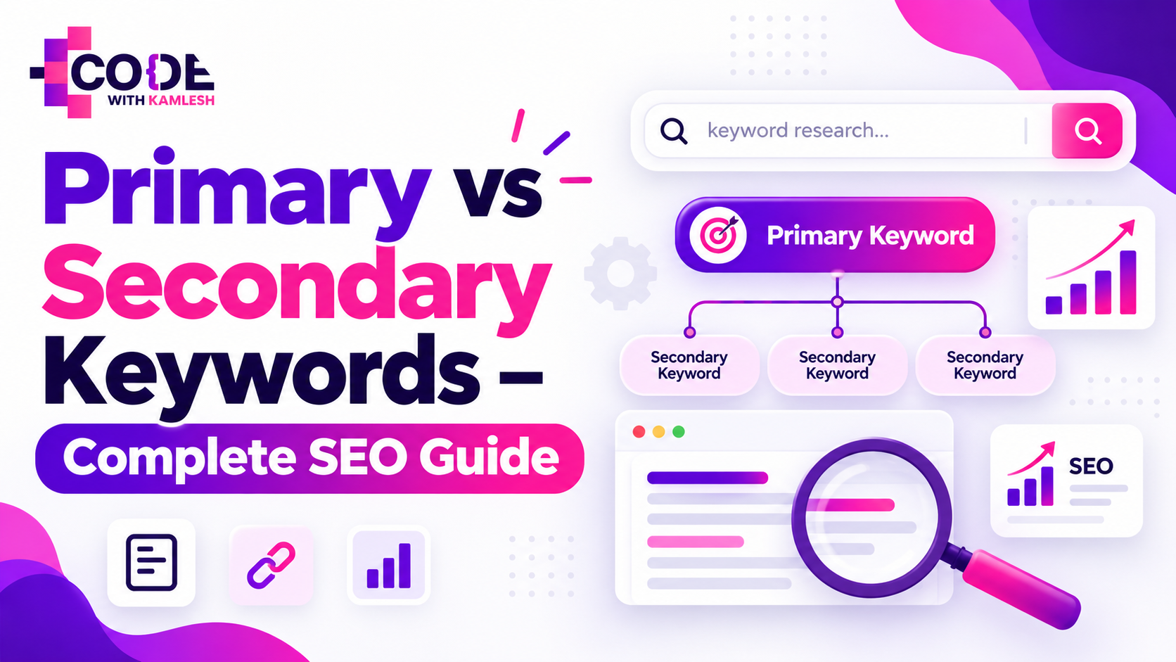 Primary vs Secondary Keywords comparison showing main SEO keyword targeting and related supporting keywords for content optimization.