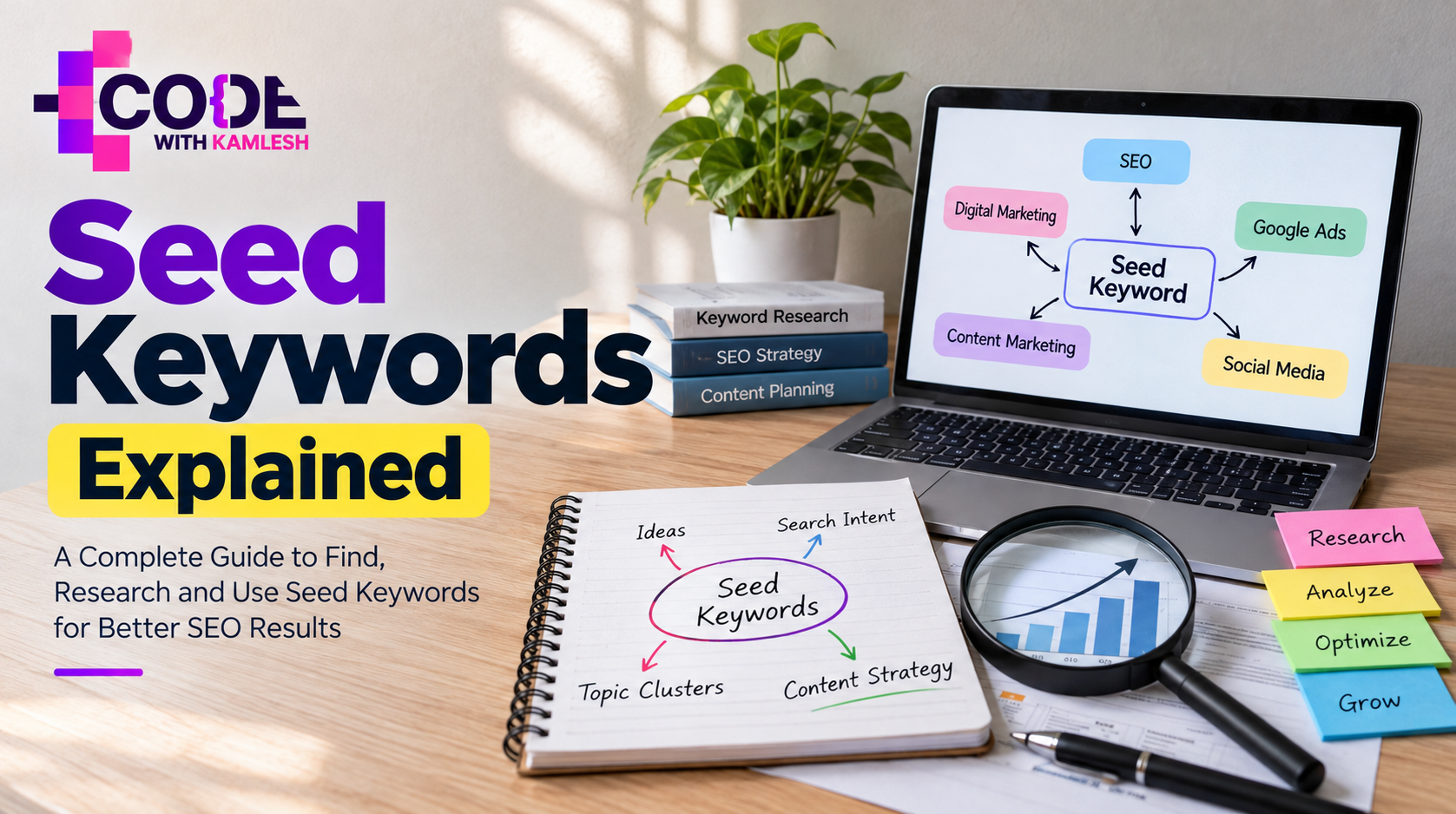 Seed Keywords Explained – Complete SEO keyword research guide featuring seed keyword examples, search intent, topic clusters, content strategy, and keyword optimization by Code With Kamlesh.
