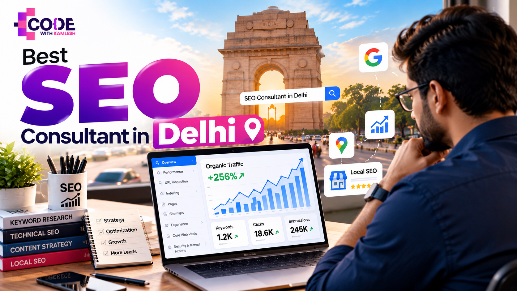Best SEO Consultant in Delhi by Code With Kamlesh, featuring SEO analytics, organic traffic growth, keyword research, technical SEO and local SEO strategies.