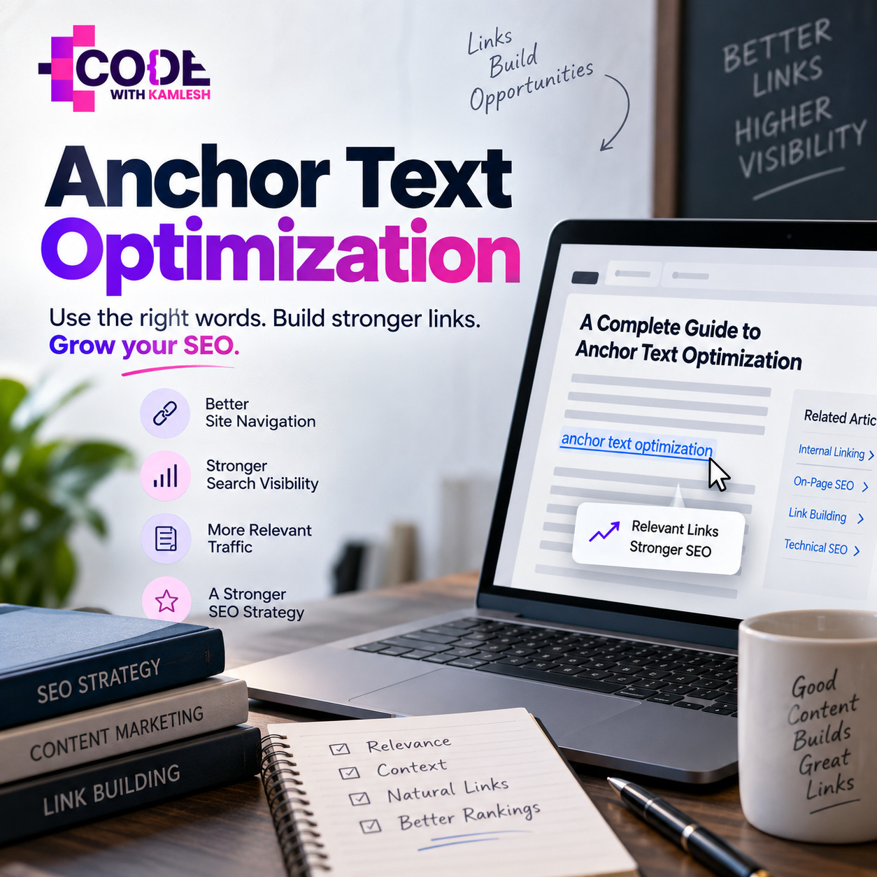 Anchor Text Optimization SEO guide by Code With Kamlesh showing internal linking, relevant anchor text, link building, and SEO strategy.